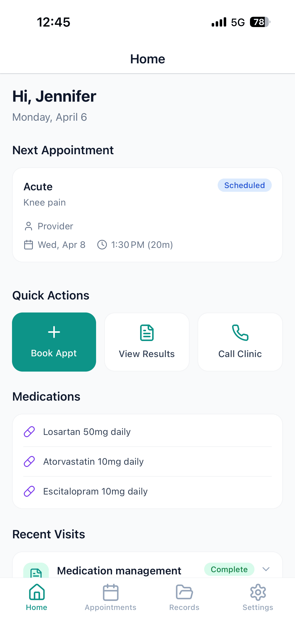 Gigabox EHR mobile — patient home dashboard