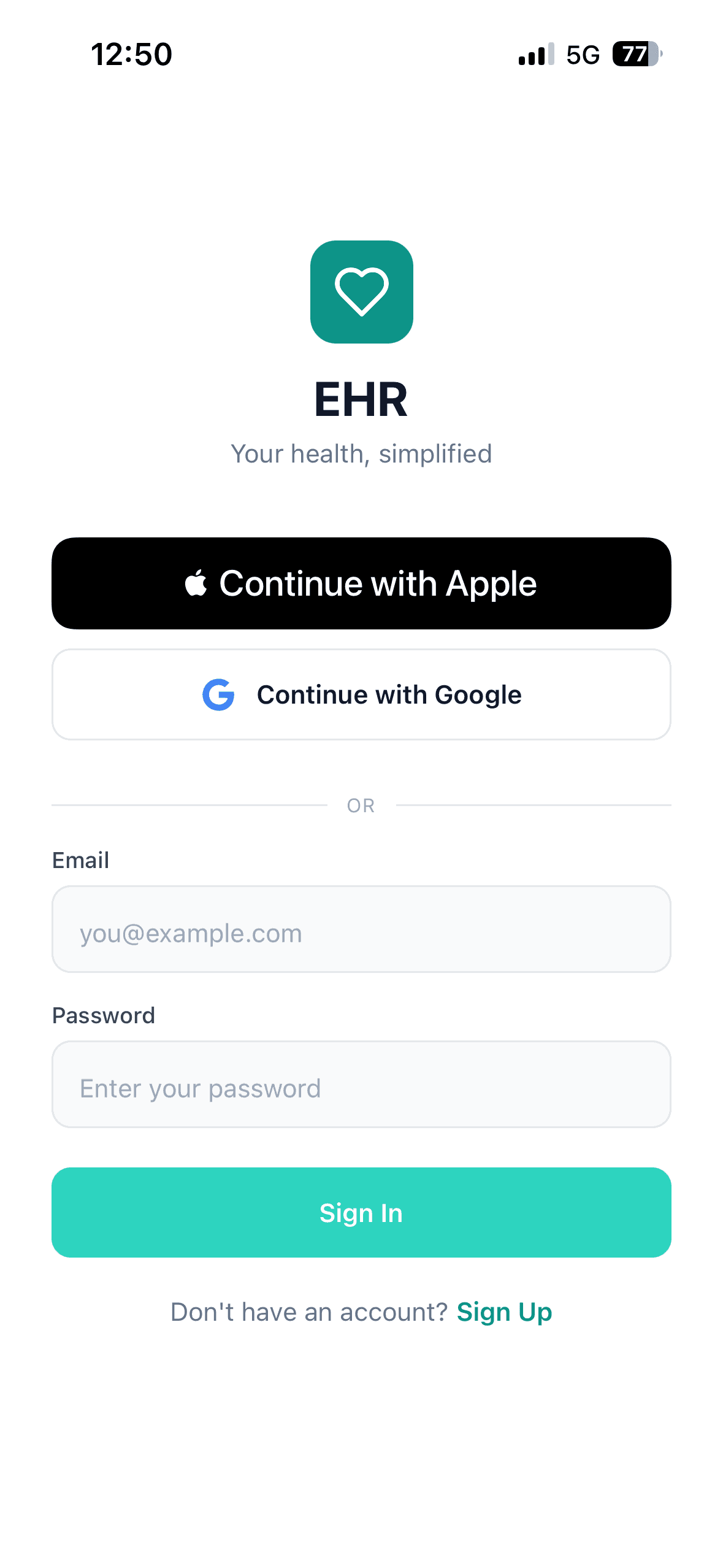 Gigabox EHR mobile — sign in screen
